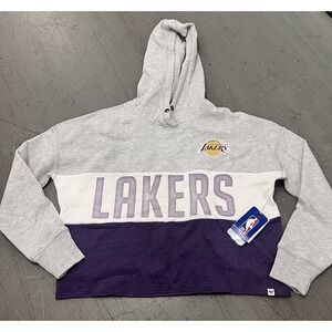 Women's '47 Heathered Gray Los Angeles Lakers Lizzy Cutoff Pullover Hoodie Small